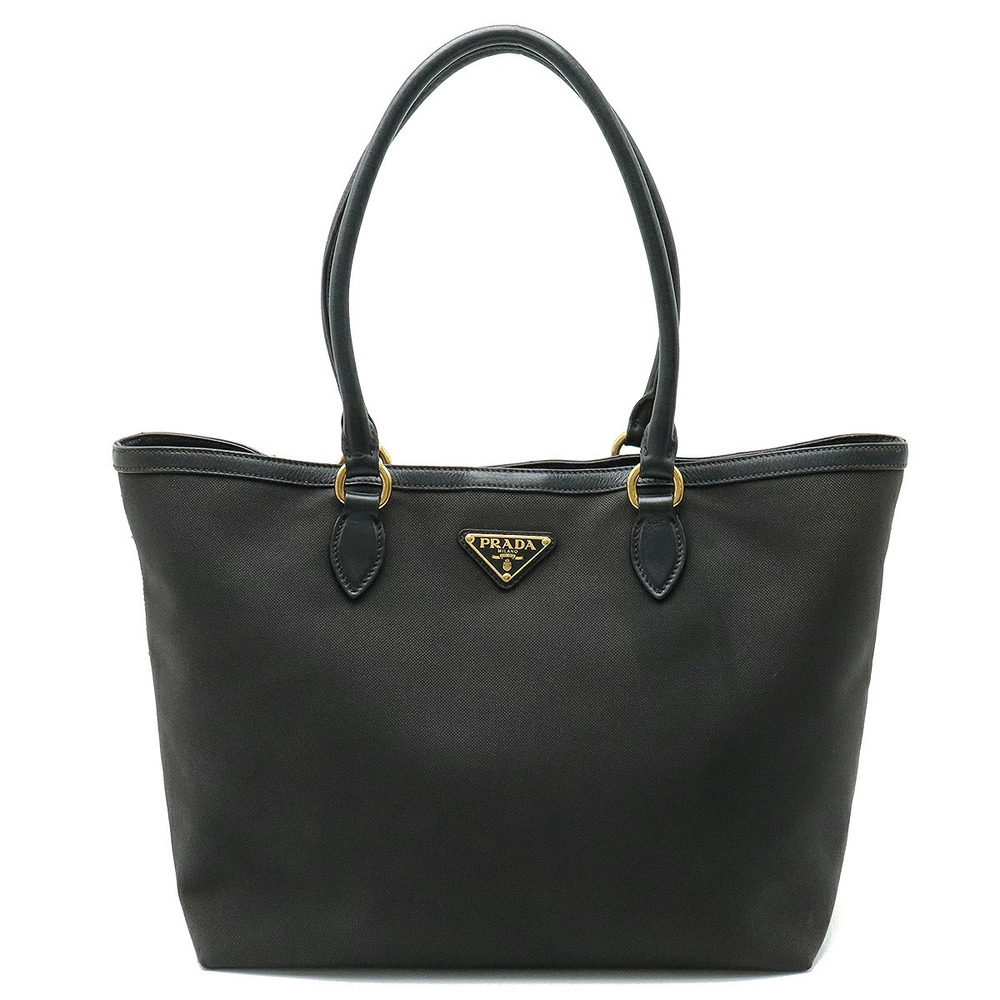 Prada Jacquard Tote Bag Shoulder Canvas Leather NERO Black